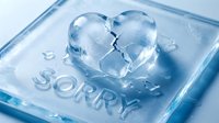 Broken ice heart melting on a frosted surface with the word Sorry, symbolizing apology, regret, and emotional healing in cold blue tones.