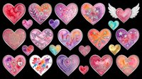 Colorful watercolor hearts collection isolated on transparent background, featuring floral, mandala, love, and winged designs for stickers, T-shirts, and print on demand.