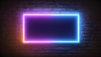 Glowing neon rectangle frame with gradient purple to blue colors on dark brick wall background, modern luminous border with empty space for text.