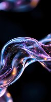 Flowing transparent wave with glowing purple and orange particles against black background, creating futuristic digital art effect.