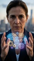 Middle-aged woman in business attire displaying glowing neon technology icons between her hands against urban skyline backdrop. Represents innovation, digital transformation, artificial intelligence, and future business solutions.