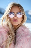 Young Caucasian woman in pink faux fur coat and reflective sunglasses at winter resort, with snowy mountain landscape reflected in lenses. Blonde hair flows in wind against blue sky.