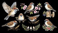 Sparrow bird clipart set isolated on transparent background, featuring multiple poses with flowers and branches, for stickers, t-shirt design, and print on demand.