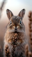 Close-up portrait of a brown rabbit with upright ears and alert expression, surrounded by dried seed plants in natural habitat. Wildlife photography for nature and animal content.
