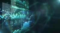 Financial data visualization with glowing green charts and graphs displaying market trends, stock prices, and analytics on transparent digital screens.