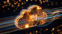 Golden cloud server with glowing neon lines and digital data streams on dark background. Represents cloud computing, data storage, network technology and cybersecurity infrastructure.