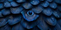 Mystical blue peacock feathers with create dramatic nature pattern, macro photography shows intricate details and textures.
