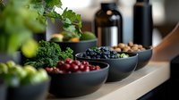 Fresh berries and green vegetables in modern black ceramic bowls arranged on wooden counter with glass bottles, creating healthy food composition.