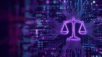 Digital justice scales with circuit board patterns in purple and pink neon colors representing legal technology, artificial intelligence in law, and modern jurisprudence.