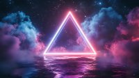 Glowing neon triangle floating over reflective water surface against cosmic sky with pink and purple clouds, stars and mystical atmosphere. Synthwave style background.