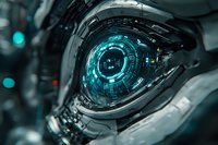 Futuristic robotic eye with glowing turquoise digital interface, metallic silver frame and intricate technological details in dark sci-fi environment.