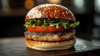 Fresh grilled beef burger with lettuce, tomato slices and sesame bun on dark wooden surface, close up view with selective focus and bokeh background.