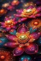 Glowing fantasy lotus flowers in vibrant pink and orange with intricate golden details and turquoise leaves against dark background with magical bokeh lights.