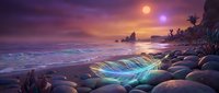 Fantasy alien beach landscape with glowing waves and dual suns in purple twilight sky. Tropical coastline with luminescent water and rocky shore for sci-fi concepts.
