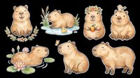 Capybara characters in various poses with floral and nature elements, isolated on transparent background. Ready for t-shirt design, clipart, stickers, sublimation, and print-on-demand products.