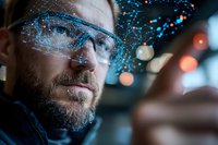 Bearded man wearing smart glasses with futuristic holographic interface overlay. Digital technology concept with blue glowing network visualization and bokeh lights.