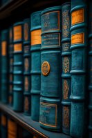 Vintage leather-bound books in teal and gold on wooden shelf, showing ornate spine details and classical binding in dramatic lighting for library atmosphere.