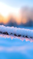 Delicate snow crystals on branch against blurred winter sunset background, soft pink and orange light reflecting off frost formations in macro view.