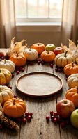 Autumn harvest table setting with empty wooden plate surrounded by orange pumpkins, gourds, apples, and cranberries on rustic wood surface near window.