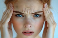 Young Caucasian woman experiencing headache holding temples with hands showing stress and tension symptoms for healthcare and wellness concepts.