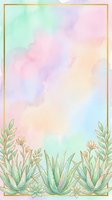 Pastel watercolor background with gold frame and succulents, aloe plants, soft rainbow hues for cards, invitations, and social media.