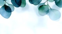 Translucent teal and navy watercolor eucalyptus leaves create elegant border frame on white background, suitable for wedding stationery and botanical designs.