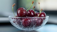 Fresh ripe dark red cherries with stems in crystal glass bowl with textured pattern, water drops on glossy surface, soft blurred background.