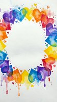 Vibrant watercolor hearts frame with rainbow colors and paint drips creating decorative border on white background for romantic designs and greeting cards.