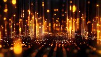Glowing orange light particles rising against dark background create magical atmosphere with bokeh effect and vertical light beams in abstract composition.