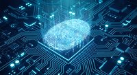 Digital fingerprint on futuristic circuit board with glowing blue lights representing cybersecurity, biometric authentication and data protection technology.