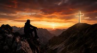 Man sitting on mountain peak contemplating glowing cross at dramatic sunset with orange sky and rugged landscape for spiritual and religious themes.