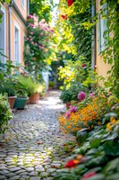Charming cobblestone alley lined with blooming flowers, potted plants and climbing vines along colorful house walls, sunlight creating magical atmosphere through foliage.