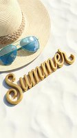Gold Summer text with straw hat and blue aviator sunglasses on white sand, evoking beach vacation vibes for seasonal banners.