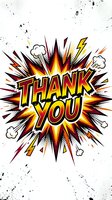 Thank you you message in comic book style with explosive burst effect, red and yellow rays, and white clouds on textured background. Isolated design element for greeting cards, posters, and digital projects.