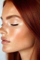 Close-up profile portrait of young redhead woman with freckles, natural makeup, glowing skin and closed eyes showing clean beauty and skincare concept.