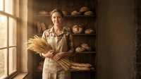 Young female baker holding wheat sheaves in rustic bakery with fresh bread loaves on wooden shelves near window with warm natural lighting.