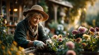 Young woman gardener in knit sweater and hat tending to colorful flowers in garden center greenhouse with warm bokeh lighting for organic farming content.