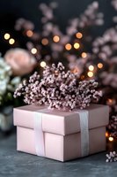 Pink gift box with white ribbon decorated with delicate baby's breath flowers against dark background with soft bokeh lights creating romantic mood.