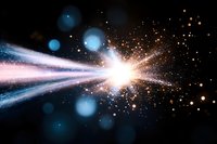 Bright cosmic explosion with glowing blue and pink light rays bursting through dark space, surrounded by sparkling stardust and luminous bokeh effects.