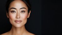 Young Asian woman with natural makeup and glowing skin against dark background for beauty and skincare concepts in professional studio portrait.