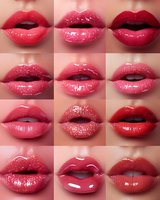 Collage of glossy red lips showing different lipstick textures and finishes from matte to high shine, with glitter and cream variations for beauty and cosmetic marketing.