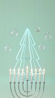 Modern minimalist holiday celebration combining Christmas tree neon light with menorah candles and glass ornaments on mint green background for interfaith festivities.