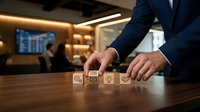 Businessman in navy suit arranging wooden blocks with business icons on desk, representing strategy, planning, and corporate growth in modern office setting.