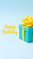 Happy Birthday greeting card with teal gift box and yellow bow on light blue background, festive celebration concept.