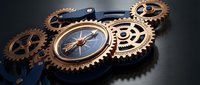 Steampunk compass with bronze gears and mechanical clockwork elements on dark background for vintage industrial design projects.