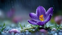Purple crocus flower with water droplets blooming in spring rain, showcasing vibrant petals and yellow stamen against dark background.