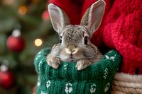 Adorable gray bunny rabbit peeking from green knitted Christmas sweater with festive holiday decorations and bokeh lights in cozy winter scene.