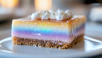 Rainbow layered cheesecake slice with graham cracker crust topped with whipped cream dollops and caramel drizzle on white plate, selective focus macro shot.