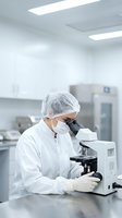 Female scientist in protective gear using microscope in sterile laboratory conducting medical research and analysis.