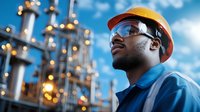 Young African American industrial worker in hard hat and safety glasses looking up at oil refinery towers against blue sky with bokeh lights at dusk.